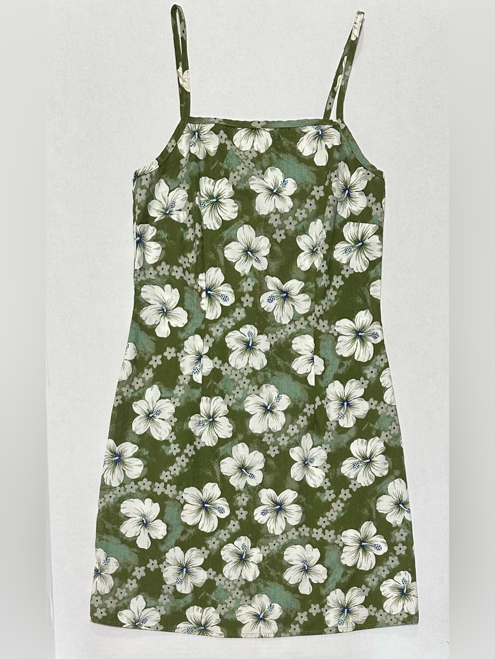90s Heart Soul Olive Green Hawaiian 100% Cotton Floral Slip Mini Dress Tripical